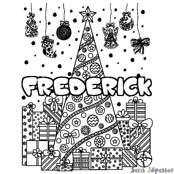 Coloriage pr&eacute;nom FREDERICK - d&eacute;cor Sapin et Cadeaux
