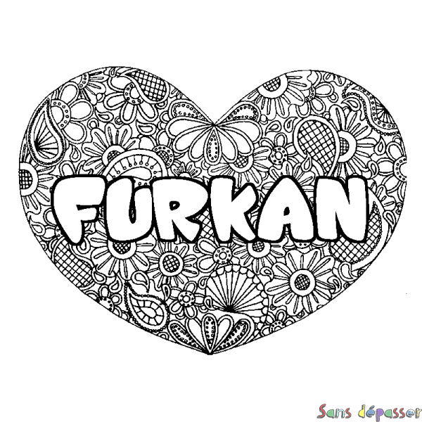 Coloriage prénom FURKAN - d&eacute;cor Mandala coeur