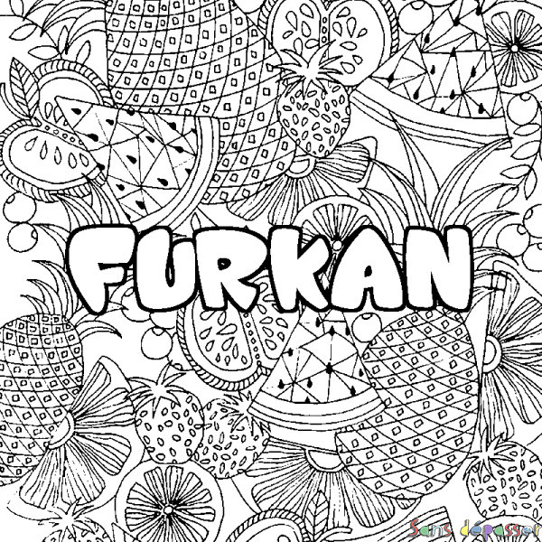 Coloriage prénom FURKAN - d&eacute;cor Mandala fruits