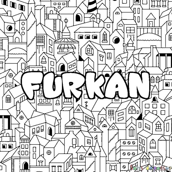 Coloriage prénom FURKAN - d&eacute;cor Ville