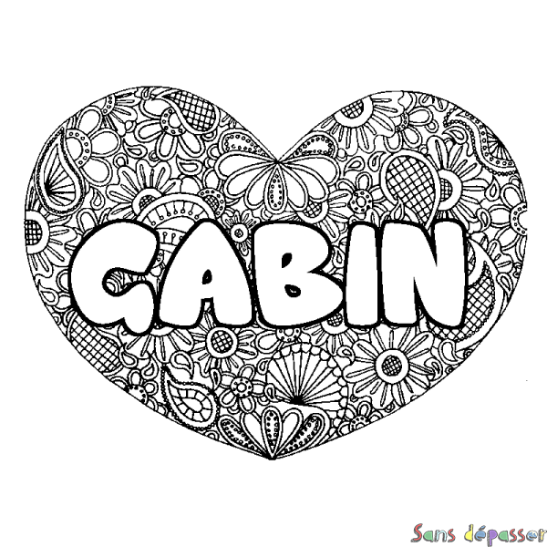 Coloriage pr&eacute;nom GABIN - d&eacute;cor Mandala coeur