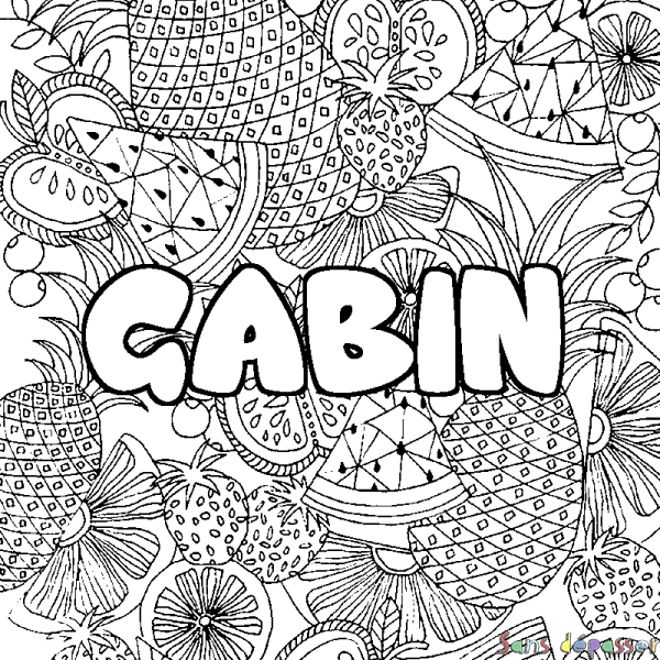 Coloriage pr&eacute;nom GABIN - d&eacute;cor Mandala fruits
