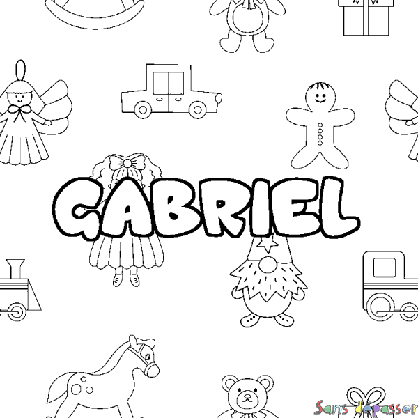 Coloriage pr&eacute;nom GABRIEL - d&eacute;cor Jouets