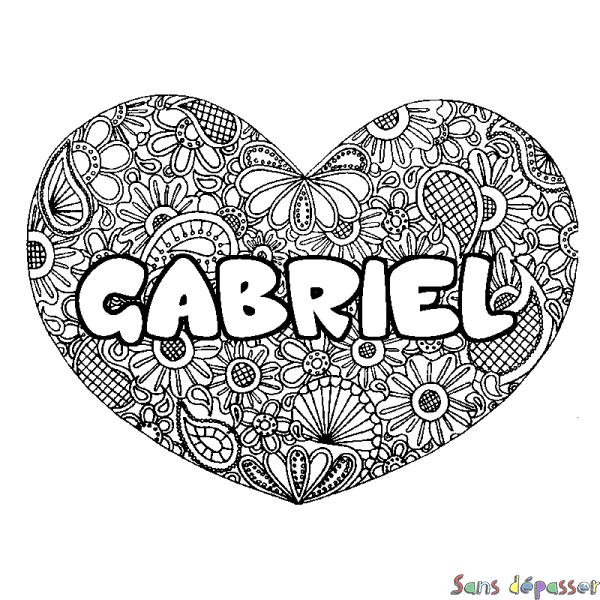 Coloriage prénom GABRIEL - d&eacute;cor Mandala coeur