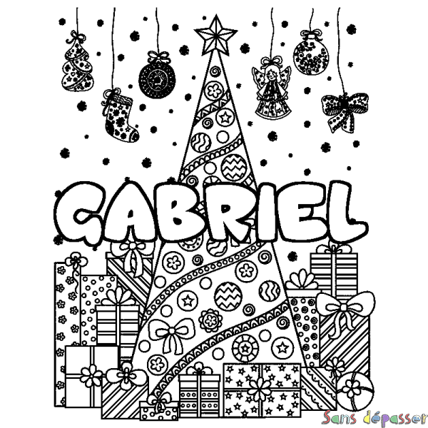 Coloriage pr&eacute;nom GABRIEL - d&eacute;cor Sapin et Cadeaux
