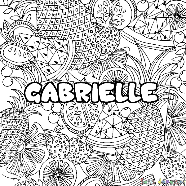 Coloriage prénom GABRIELLE - d&eacute;cor Mandala fruits