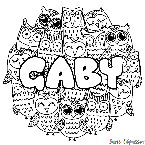 Coloriage pr&eacute;nom GABY - d&eacute;cor Chouettes