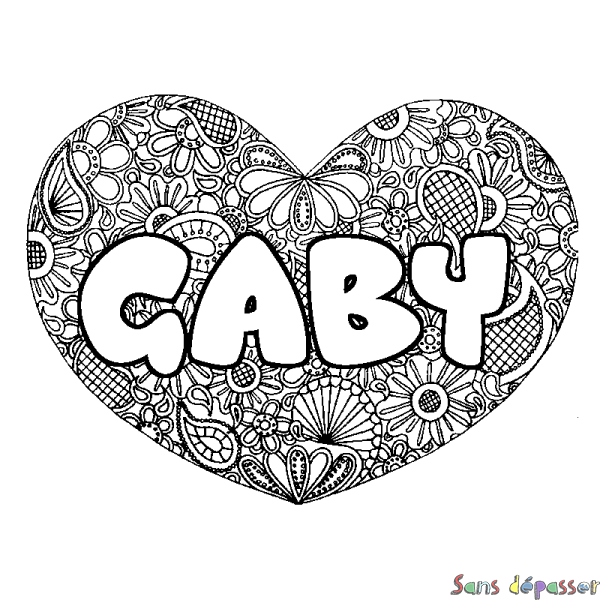 Coloriage pr&eacute;nom GABY - d&eacute;cor Mandala coeur