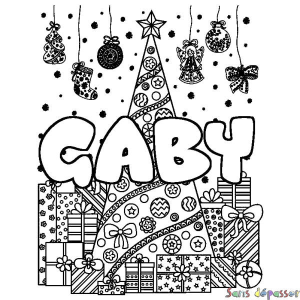 Coloriage pr&eacute;nom GABY - d&eacute;cor Sapin et Cadeaux