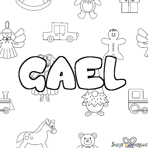 Coloriage pr&eacute;nom GAEL - d&eacute;cor Jouets