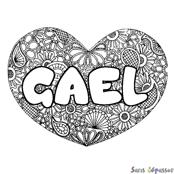 Coloriage pr&eacute;nom GAEL - d&eacute;cor Mandala coeur