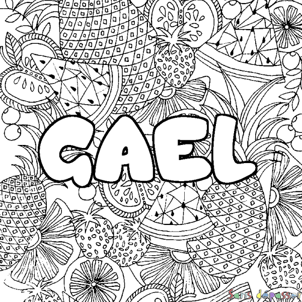 Coloriage pr&eacute;nom GAEL - d&eacute;cor Mandala fruits