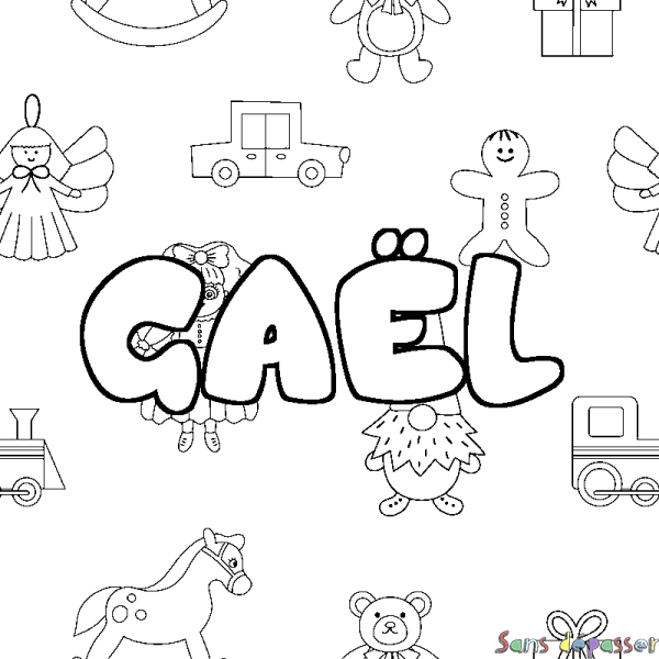 Coloriage pr&eacute;nom GA&Euml;L - d&eacute;cor Jouets