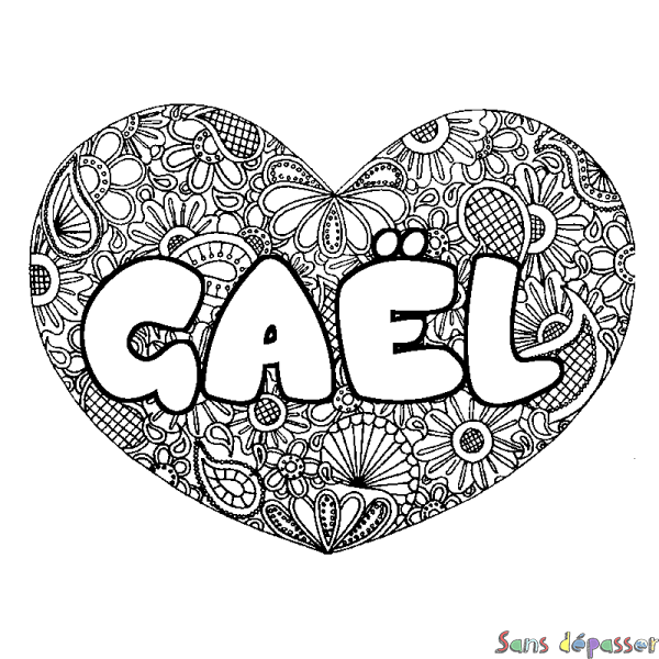 Coloriage pr&eacute;nom GA&Euml;L - d&eacute;cor Mandala coeur