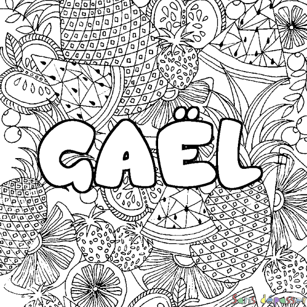Coloriage pr&eacute;nom GA&Euml;L - d&eacute;cor Mandala fruits