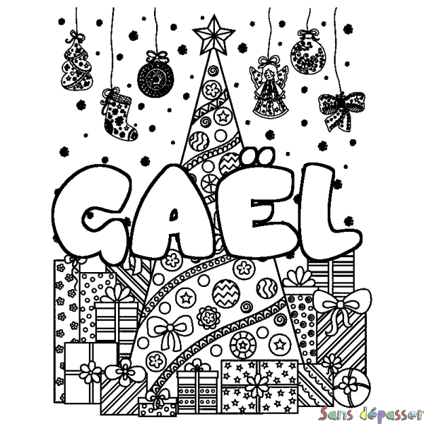 Coloriage pr&eacute;nom GA&Euml;L - d&eacute;cor Sapin et Cadeaux