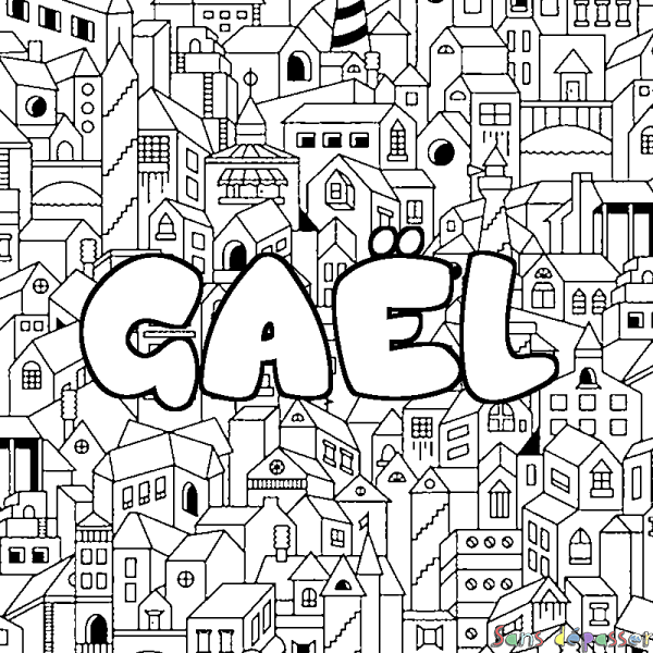 Coloriage pr&eacute;nom GA&Euml;L - d&eacute;cor Ville