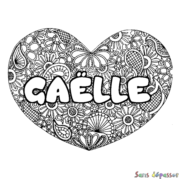 Coloriage pr&eacute;nom GA&Euml;LLE - d&eacute;cor Mandala coeur