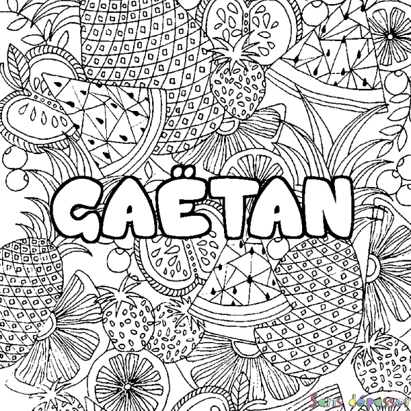 Coloriage pr&eacute;nom GA&Euml;TAN - d&eacute;cor Mandala fruits