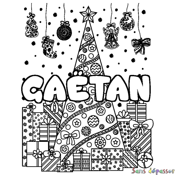 Coloriage pr&eacute;nom GA&Euml;TAN - d&eacute;cor Sapin et Cadeaux