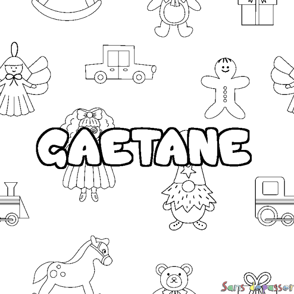 Coloriage pr&eacute;nom GAETANE - d&eacute;cor Jouets