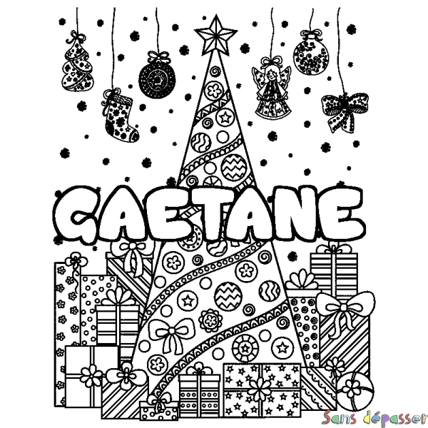 Coloriage prénom GAETANE - d&eacute;cor Sapin et Cadeaux