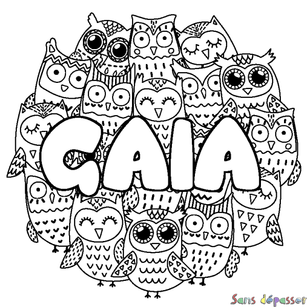 Coloriage pr&eacute;nom GAIA - d&eacute;cor Chouettes