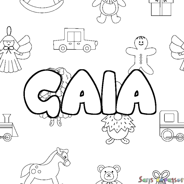 Coloriage pr&eacute;nom GAIA - d&eacute;cor Jouets