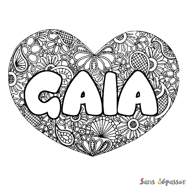 Coloriage pr&eacute;nom GAIA - d&eacute;cor Mandala coeur
