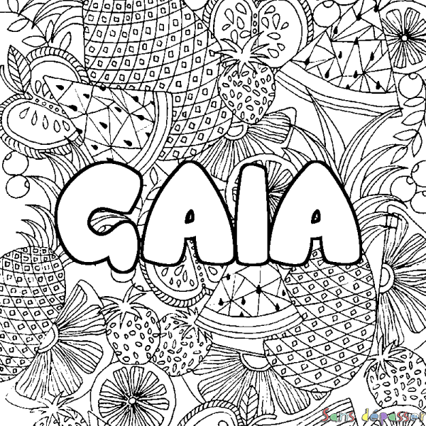 Coloriage pr&eacute;nom GAIA - d&eacute;cor Mandala fruits