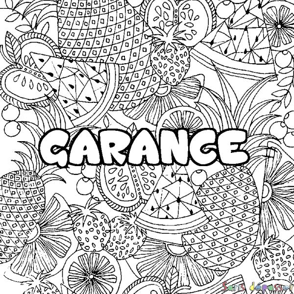 Coloriage pr&eacute;nom GARANCE - d&eacute;cor Mandala fruits