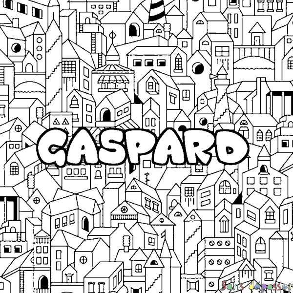 Coloriage pr&eacute;nom GASPARD - d&eacute;cor Ville