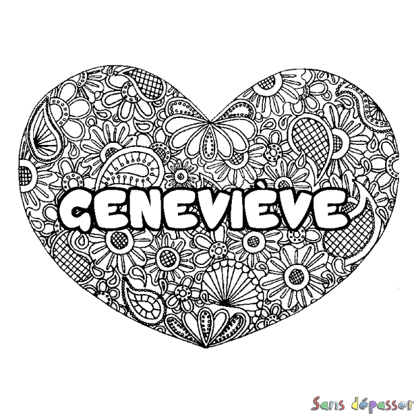 Coloriage prénom GENEVI&Egrave;VE - d&eacute;cor Mandala coeur