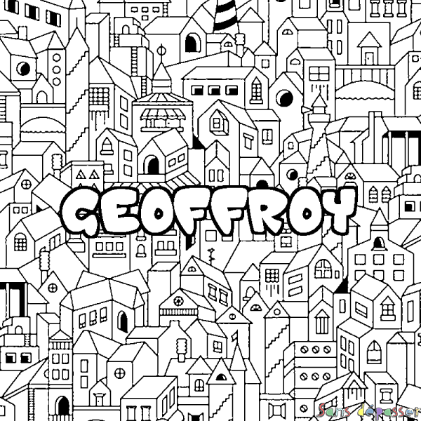 Coloriage pr&eacute;nom GEOFFROY - d&eacute;cor Ville