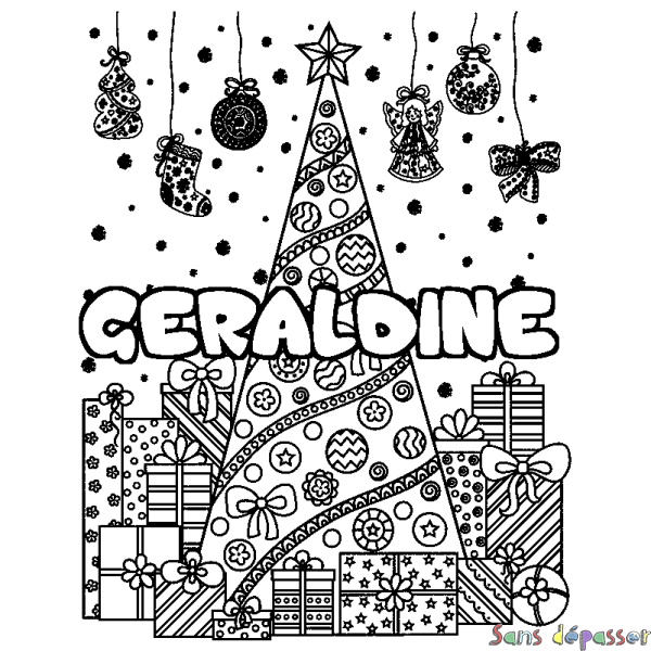 Coloriage prénom GERALDINE - d&eacute;cor Sapin et Cadeaux