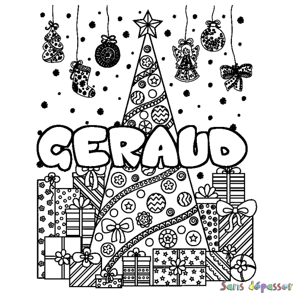 Coloriage pr&eacute;nom GERAUD - d&eacute;cor Sapin et Cadeaux