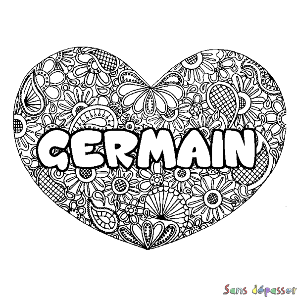 Coloriage prénom GERMAIN - d&eacute;cor Mandala coeur