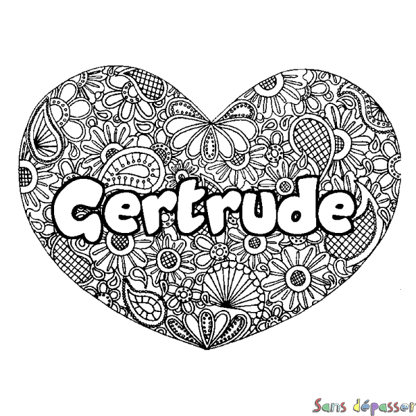 Coloriage pr&eacute;nom Gertrude - d&eacute;cor Mandala coeur