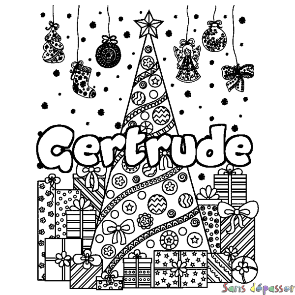Coloriage pr&eacute;nom Gertrude - d&eacute;cor Sapin et Cadeaux