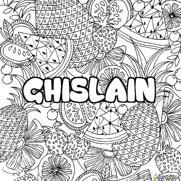 Coloriage pr&eacute;nom GHISLAIN - d&eacute;cor Mandala fruits