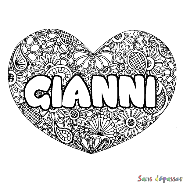Coloriage pr&eacute;nom GIANNI - d&eacute;cor Mandala coeur