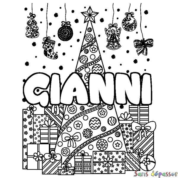 Coloriage pr&eacute;nom GIANNI - d&eacute;cor Sapin et Cadeaux