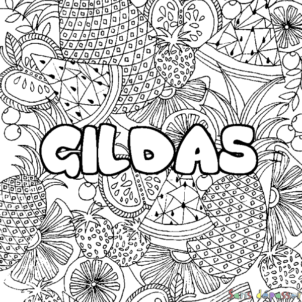 Coloriage pr&eacute;nom GILDAS - d&eacute;cor Mandala fruits