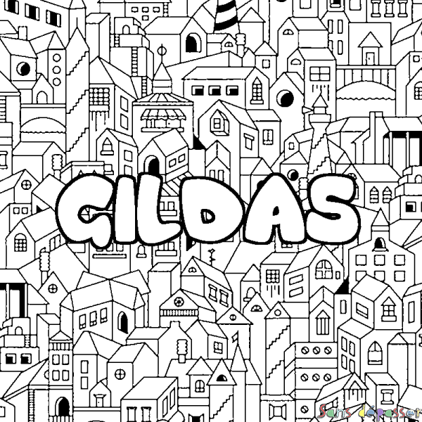 Coloriage pr&eacute;nom GILDAS - d&eacute;cor Ville