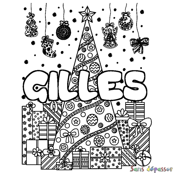 Coloriage pr&eacute;nom GILLES - d&eacute;cor Sapin et Cadeaux