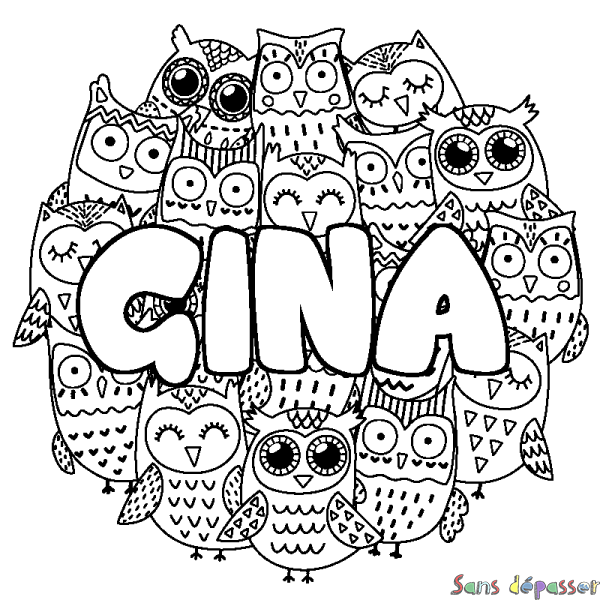 Coloriage pr&eacute;nom GINA - d&eacute;cor Chouettes