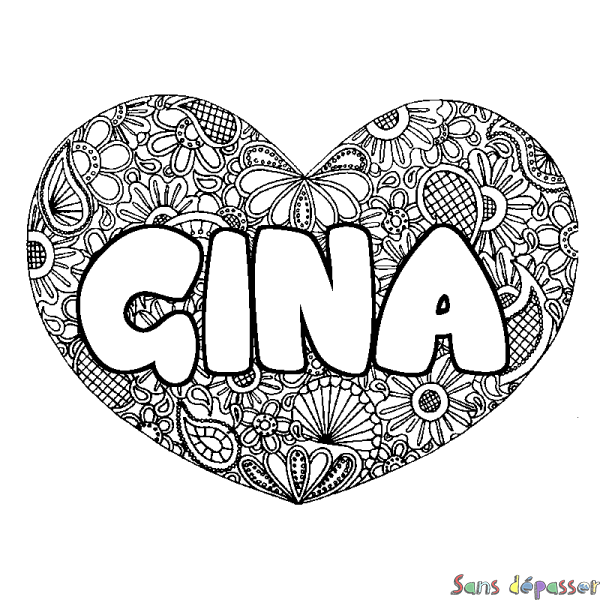 Coloriage pr&eacute;nom GINA - d&eacute;cor Mandala coeur