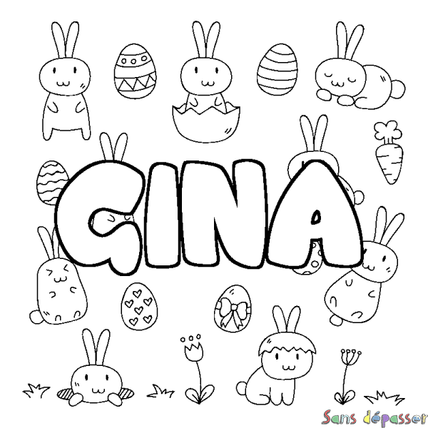 Coloriage pr&eacute;nom GINA - d&eacute;cor Paques