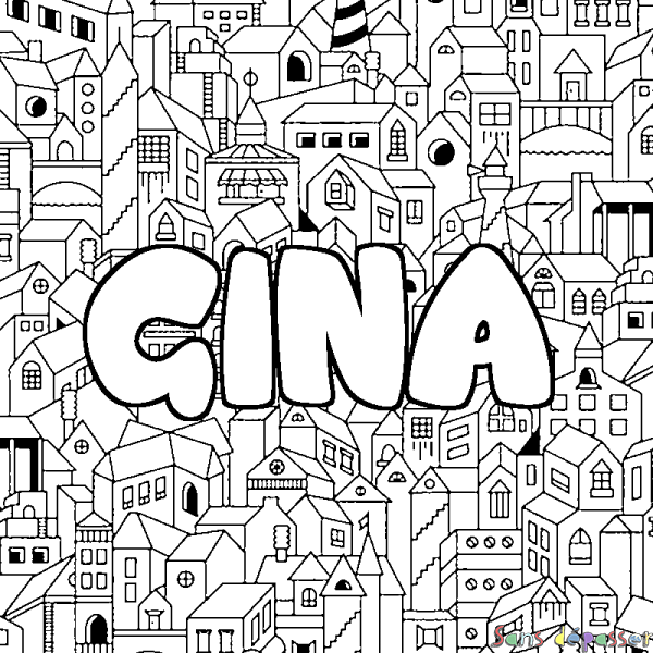 Coloriage pr&eacute;nom GINA - d&eacute;cor Ville