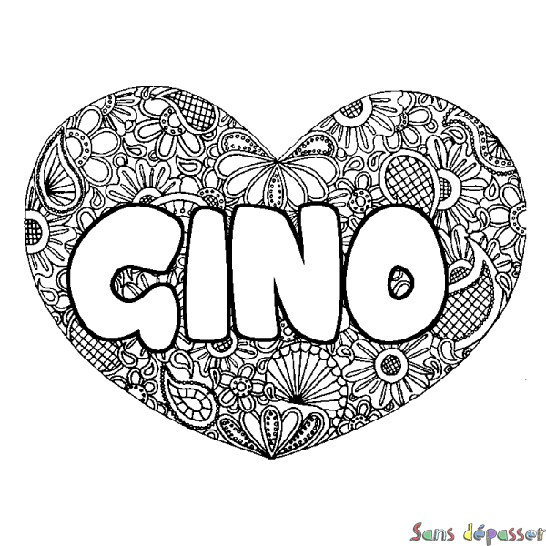 Coloriage pr&eacute;nom GINO - d&eacute;cor Mandala coeur